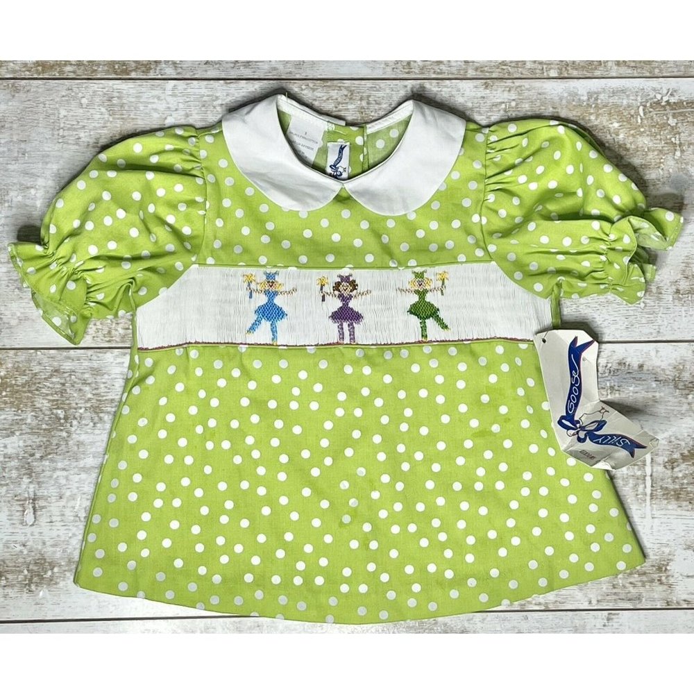 Silly Goose Toddler Smocked Fairy Top Green Polka Dot Peter Pan Collar size 3